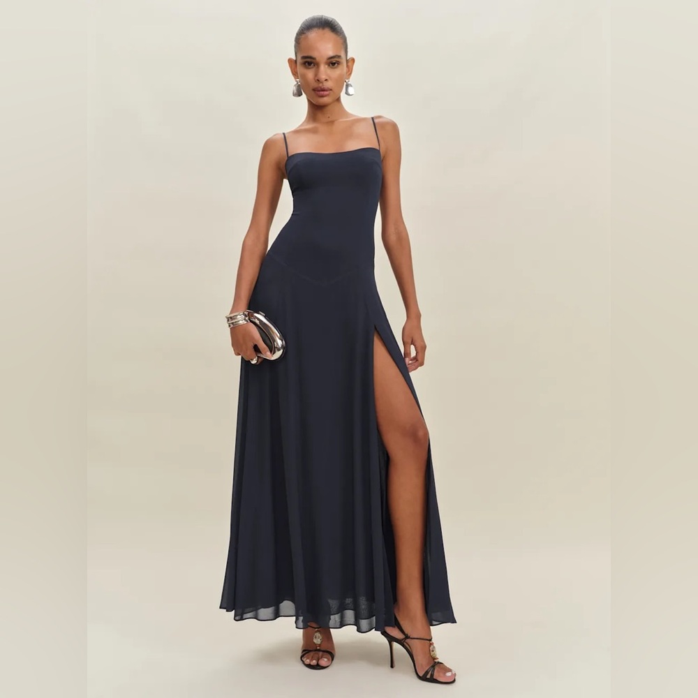 Reformation Navy Blue Spaghetti-Strap Maxi Dress with Side Thigh Slit